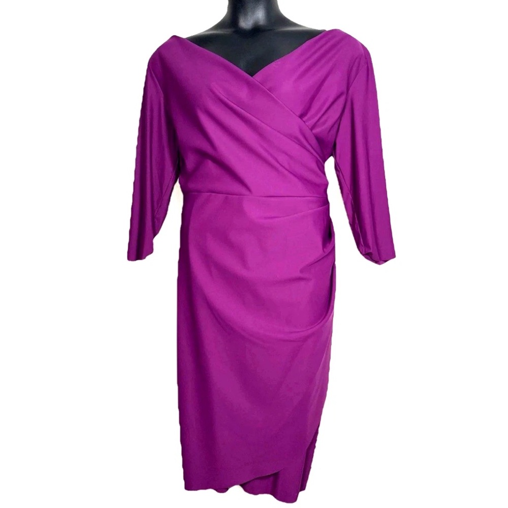 Alex Evenings 20W Dress gown Smoothing Scuba Stretch Midi 3/4 sleeves faux wrap